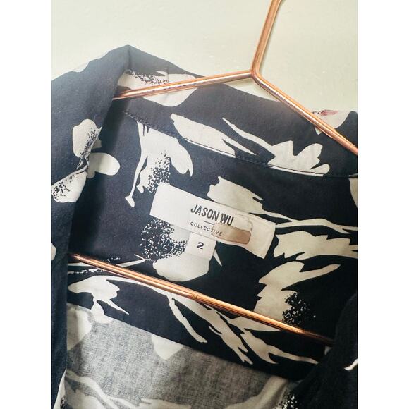 JASON WU Black White Brushstroke Floral 100% Cotton Button Placket Dress Size 2 - Picture 6 of 13